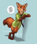  2016 anthro arm_support barefoot barely_visible_genitalia blue_background bottomless canine clothed clothing crossed_legs disney english_text fox front_view green_eyes looking_at_viewer male mammal meesh nick_wilde partially_clothed penis penis_tip poking_out signature simple_background smile smirk solo speech_bubble subtle_penis text url zootopia 