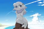  2018 anthro beach digital_media_(artwork) female fur hair harp_seal hi_res looking_at_viewer mammal marine nude papilrux pinniped seal seaside smile solo water 