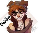  anthro breasts brown_eyes brown_hair canine cleavage clothed clothing danika_(wolflady) dog eyewear female glasses hair mammal one_eye_closed simple_background smile solo wolflady 