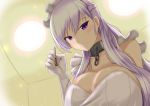  apron azur_lane bad_id bad_pixiv_id bangs bare_shoulders belfast_(azur_lane) braid breasts chain cleavage collar collarbone commentary_request eyebrows_visible_through_hair french_braid frilled_apron frills from_below gloves large_breasts lights long_hair maid maid_apron maid_headdress mamoribito2017 mimikaki purple_eyes silver_hair white_apron white_gloves 