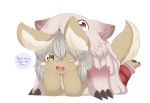  2018 anthro blush brown_fur digital_media_(artwork) duo female fur hair hi_res looking_at_viewer made_in_abyss mammal nanachi narehate one_eye_closed open_mouth papilrux short_hair simple_background smile whiskers white_hair wink 