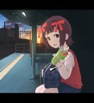  :d amami_haruka bag bangs blue_skirt blue_sky bottle brown_hair building cloud eyebrows from_side green_eyes hair_ribbon handbag highres holding holding_bottle idolmaster idolmaster_(classic) letterboxed long_sleeves looking_at_viewer miniskirt mirror open_mouth outdoors pleated_skirt power_lines red_ribbon red_vest ribbon samidare shirt short_hair sitting skirt sky smile solo train_station twilight unzipped vest white_shirt zipper zipper_pull_tab 