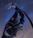  2017 claws clothed clothing detailed_background digital_media_(artwork) dragon female feral flying hair icelectricspyro night outside scales scalie sky star starry_sky western_dragon white_hair white_scales 