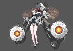  ass_visible_through_thighs bare_legs bow brown_hair commentary_request full_body gloves glowing green_eyes grey_background hair_bow highres holographic_interface long_hair looking_at_viewer mecha_musume oota_youjo original outstretched_arms parted_lips simple_background solo spread_arms standing white_gloves 
