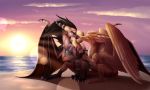  2017 beach black_hair day detailed_background digital_media_(artwork) dragon duo feathered_dragon feathered_wings feathers feral fur furred_dragon hair horn icelectricspyro outside sand scalie seaside sitting sky smile western_dragon wings 