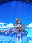  blonde_hair blue_skirt brown_hair closed_eyes cloud day dress fate_testarossa fundoshi_inao lap_pillow long_hair lyrical_nanoha mahou_shoujo_lyrical_nanoha md5_mismatch multiple_girls ocean open_mouth skirt soaking_feet sundress takamachi_nanoha waves yuri 