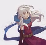  bangle bare_shoulders black_gloves blue_scarf bracelet commentary_request dated dress elbow_gloves felino-konoha fingerless_gloves fire_emblem fire_emblem:_akatsuki_no_megami gloves hair_ribbon half_updo jewelry long_hair looking_at_viewer looking_up micaiah pantyhose ribbon scarf side_slit signature silver_hair sleeveless sleeveless_dress smile solo yellow_eyes 