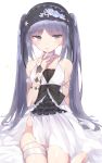  absurdres bangs bare_shoulders bed_sheet black_bow black_hairband bow commentary_request dress euryale eyebrows_visible_through_hair fate/hollow_ataraxia fate_(series) flower frilled_hairband frills hairband hand_to_own_mouth highres kura_ekaki long_hair parted_lips purple_eyes purple_hair sitting sleeveless sleeveless_dress solo twintails very_long_hair white_background white_dress white_flower 