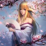  au_ra bare_shoulders blonde_hair blurry blurry_background blurry_foreground breasts cherry_blossoms cleavage closed_mouth commission dragon_horns fan final_fantasy final_fantasy_xiv hair_ornament highres horns japanese_clothes kimono large_breasts lips long_hair looking_at_viewer nguyen_uy_vu off_shoulder outdoors petals purple_eyes scales solo standing upper_body 