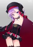  armpits arms_up artist_name bangs belt belt_buckle beret black_collar black_dress black_hat black_jacket black_legwear blush bow buckle closed_mouth detached_collar dress eyebrows_visible_through_hair fate/grand_order fate_(series) frilled_dress frills grey_background hat head_tilt helena_blavatsky_(fate/grand_order) jacket looking_at_viewer open_clothes open_jacket purple_belt purple_eyes purple_hair signature simple_background smile solo strapless strapless_dress thighhighs tousaki_shiina tree_of_life white_bow 