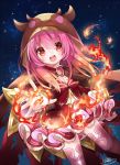  :o breasts brown_cape fire hakuari_(hina) hood long_hair navel_cutout night official_art original outdoors pink_hair pink_skirt red_eyes skirt sky small_breasts standing star_(sky) starry_sky thighhighs witch 