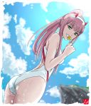  ass backless_outfit bangs breasts candy chris_re5 cloud commentary darling_in_the_franxx day dutch_angle food from_side green_eyes grin hairband highres horns lens_flare lollipop long_hair looking_at_viewer medium_breasts one-piece_swimsuit outdoors pink_hair ponytail sky smile swimsuit water wet white_hairband zero_two_(darling_in_the_franxx) 