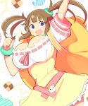  :d arm_up bell bell_collar blue_eyes bouncing_breasts bracelet breasts brown_hair candy collar commentary fang food highres jewelry large_breasts long_hair looking_at_viewer minori_(senran_kagura) open_mouth senran_kagura skirt smile solo theycallhimcake twintails 