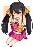  :d black_hair commentary hai_ookami hair_between_eyes hair_ornament idolmaster idolmaster_cinderella_girls jewelry long_hair looking_at_viewer matoba_risa midriff navel necklace off_shoulder open_mouth pink_skirt skirt smile solo twintails yellow_eyes 