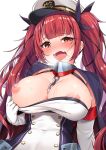  3.14 azur_lane bangs black_bow blush bow breasts brown_eyes commentary_request covered_navel drooling elbow_gloves gloves hair_bow hair_over_mouth hat heavy_breathing highres honolulu_(azur_lane) inverted_nipples large_breasts looking_at_viewer military military_uniform nipple_slip nipples one_breast_out open_mouth peaked_cap red_hair saliva sidelocks simple_background solo sweat tears twintails uniform upper_body white_background white_gloves 