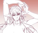  armpits arms_up breasts cleavage collarbone commentary_request elf gradient gradient_background hair_between_eyes hisahiko large_breasts long_hair looking_at_viewer maid_headdress monochrome original pointy_ears sidelocks solo topless upper_body work_in_progress 