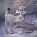  2018 detailed_background digital_media_(artwork) feline feral fur grey_fur looking_at_viewer lynx mammal paws pink_nose purple_eyes snow snowing solo yulliandress 