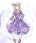  blonde_hair blue_eyes bow closed_mouth dress frills full_body hand_on_hip hat hat_bow hat_ribbon highres looking_at_viewer maribel_hearn mary_janes mob_cap purple_dress red_footwear ribbon shoes short_hair simple_background smile solo touhou uwazumi white_bow white_legwear 
