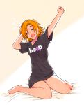  bare_legs blue_eyes chuu commentary english full_body nora_valkyrie orange_hair rwby shirt solo stretch t-shirt waking_up yawning 