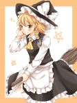  akatsuki_(osamaru36) apron ascot blonde_hair blush braid broom broom_riding collared_shirt commentary grin hat kirisame_marisa long_sleeves medium_hair shirt side_braid single_braid skirt smile solo star touhou v-shaped_eyebrows vest waist_apron wiping_nose witch_hat yellow_eyes 