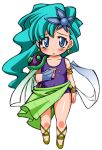  armlet blue_eyes bracelet cape child commentary_request earrings final_fantasy final_fantasy_iv green_hair green_sarong hair_ornament hand_on_own_chest jewelry leotard long_hair nakagami_takashi purple_leotard rydia sarong single_pauldron solo wavy_hair white_cape 