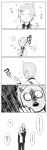  5koma :t broken_tooth comic eating face_hug fingernails greyscale hair_ornament hairclip highres houchou_toushirou ichigo_hitofuri jacket male_focus monochrome multiple_boys open_clothes open_jacket surprised tooth touken_ranbu translated uicanoka 