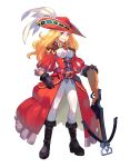  artist_request belt belt_buckle black_footwear black_gloves blonde_hair blue_eyes boots bow_(weapon) buckle coat crossbow dress gloves goggles goggles_around_neck hat highres holding holding_weapon jennifer_(nostale) long_hair looking_at_viewer nostale official_art pantyhose puffy_sleeves red_coat red_hat simple_background smile solo standing tricorne weapon white_background white_legwear 