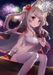  :3 absurdres aerial_fireworks animal_ear_fluff animal_ears arm_support azur_lane backlighting bada_(jksh5056) bandaged_arm bandages bangs black_cape blush breasts cape closed_mouth commentary_request dutch_angle eyebrows_visible_through_hair fingernails fireworks flower flower_knot hair_ornament hair_ribbon highres holding kanzashi large_breasts light_brown_hair long_hair looking_at_viewer nail_polish navel night night_sky pink_nails pleated_skirt purple_eyes red_flower red_skirt ribbon sarashi sitting skirt sky smile solo tassel thick_eyebrows thighhighs two_side_up v-shaped_eyebrows white_flower white_legwear wolf_ears yuudachi_(azur_lane) 