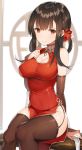  alternate_costume arm_support bangs bare_shoulders black_legwear black_panties blunt_bangs breasts bridal_gauntlets brown_hair china_dress chinese_clothes cleavage cleavage_cutout closed_mouth collarbone commentary dress dsr-50_(girls_frontline) eyebrows_visible_through_hair flower girls_frontline hair_flower hair_ornament hand_on_own_chest highres knees_together_feet_apart lace lace-trimmed_thighhighs large_breasts long_hair looking_at_viewer panties parted_lips pelvic_curtain red_dress red_eyes rikoma see-through side_slit sidelocks sitting smile solo studs thighhighs thighs underwear 