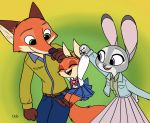  2017 anthro barefoot bow_tie buckteeth canine clothed clothing dipstick_ears disney eyes_closed family female fox fur green_eyes group holding_character hybrid inner_ear_fluff jacket judy_hopps lagomorph male mammal markings nick_wilde open_mouth open_smile pants parent purple_eyes rabbit shirt simple_background skeletonguys-and-ragdolls skirt smile socks_(marking) teeth violet_(zootopia) young zootopia 