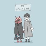  1boy 1girl black_cloak black_hair blue_eyes book boots cloak coat commentary_request couple darling_in_the_franxx fringe fur_boots fur_trim green_eyes grey_coat hand_holding hiro_(darling_in_the_franxx) holding_book hooded_cloak horns kzzrp long_hair looking_at_viewer oni_horns parka pink_hair red_horns red_pupils red_sclera red_skin short_hair winter_clothes winter_coat younger zero_two_(darling_in_the_franxx) 