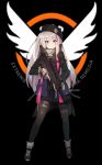  beret black_background black_hat blue_eyes bullpup commentary desert_tech_mdr eyebrows_visible_through_hair eyes_visible_through_hair full_body girls_frontline gloves gun hat heterochromia highres holster long_hair looking_at_viewer mdr_(girls_frontline) multicolored_hair pantyhose pink_eyes pink_hair silver_hair simple_background solo streaked_hair thigh_holster tilt-shift tom_clancy's_the_division twitter_username very_long_hair weapon 