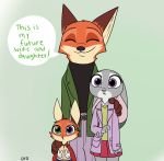  2017 anthro canine clothed clothing dialogue dipstick_ears disney duo eyes_closed female fox fur green_eyes group hand_on_shoulder heterochromia hi_res hybrid jacket judy_hopps lagomorph male mammal nick_wilde open_mouth pants parent purple_eyes rabbit short simple_background size_difference skeletonguys-and-ragdolls skirt smile violet_(zootopia) young zootopia 