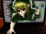  4:3 abundant-chaos ben_drowned blonde_hair blood breaking_the_fourth_wall computer corrupt creepy creepypasta edit elf glitchy green_headwear hair humanoid laptop link male microsoft_windows mixed_media monstrous_humanoid nintendo not_furry paint_tool_sai real shopped solo the_legend_of_zelda video_games 