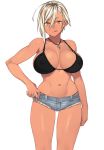  23_(real_xxiii) :q ahoge arm_at_side asymmetrical_bangs bangs bikini_top black_bikini_top breasts brown_eyes commentary_request covered_nipples cowboy_shot cutoffs dark_skin denim denim_shorts earrings hair_between_eyes hand_on_hip jewelry kanobitch katagiri_mai large_breasts light_brown_hair looking_at_viewer navel necklace short_hair short_shorts short_sleeves shorts single_sidelock solo tongue tongue_out transparent_background 