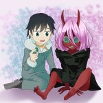  1boy 1girl bandage barefoot black_cloak black_hair blue_eyes boots candy cloak coat couple darling_in_the_franxx eyebrows_visible_through_hair fringe fur_trim green_eyes grey_coat hiro_(darling_in_the_franxx) holding_candy hooded_cloak horns in_mouth lone-wolf00 long_hair oni_horns parka pink_hair red_horns red_pupils red_sclera red_skin seiza short_hair sitting winter_clothes winter_coat younger zero_two_(darling_in_the_franxx) 