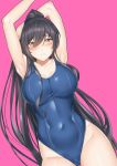  absurdres armpits arms_up bangs blush breasts chiyo_goya closed_mouth collarbone commentary covered_navel dutch_angle eyebrows_visible_through_hair eyes_visible_through_hair hair_between_eyes highleg highleg_swimsuit highres idolmaster idolmaster_shiny_colors large_breasts long_hair looking_at_viewer one-piece_swimsuit pink_background ponytail school_swimsuit shirase_sakuya simple_background solo swimsuit taut_clothes taut_swimsuit very_long_hair yellow_eyes 