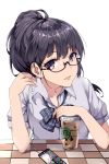  black_hair cellphone coffee_cup commentary cup disposable_cup glasses highres lanzero long_hair looking_at_viewer original parted_lips phone ponytail purple_eyes purple_hair school_uniform serafuku smartphone solo 