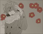  camellia commentary_request flower grey_background grey_jacket hand_up jacket kai_(dweep) long_sleeves male_focus open_mouth original red_flower scarf sepia short_hair simple_background upper_body 