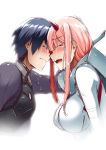  1boy 1girl black_bodysuit black_hair blush bodysuit breasts couple crying darling_in_the_franxx eyes_closed face-to-face fangs forehead-to-forehead hand_on_another&#039;s_head hiro_(darling_in_the_franxx) horns large_breasts long_hair nekoi_hikaru oni_horns pilot_suit pink_hair red_horns short_hair white_bodysuit zero_two_(darling_in_the_franxx) 