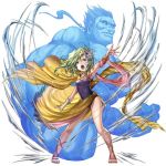  1girl arm_up armpits artist_request bracer cape final_fantasy final_fantasy_iv fingerless_gloves gem gloves green_eyes green_hair hair_ornament leotard long_hair muscle navy_blue_leotard official_art open_mouth outstretched_arm rydia sandals sarong shouting single_glove source_request titan_(final_fantasy) wind wind_lift yellow_cape yellow_sarong 