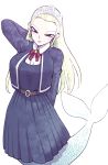  alternate_costume blonde_hair breasts crystal_earrings dragon_quest dragon_quest_xi earrings hand_behind_head jewelry large_breasts mermaid minashirazu monster_girl pleated_skirt purple_eyes school_uniform selen_(dq11) sidelocks skirt solo tiara 