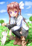  &gt;_&lt; :3 :d =_= animal black_legwear blue_sky blush bow brown_footwear brown_hair cat cat_teaser cattail closed_eyes closed_mouth cloud commentary_request day fang grey_sailor_collar grey_skirt hair_bow highres loafers long_hair looking_at_viewer momochi_tamate open_mouth outdoors plant pleated_skirt purple_eyes sailor_collar school_uniform serafuku shirt shoes sidelocks skirt sky slow_start smile solo sparkle squatting thighhighs tree twintails very_long_hair white_bow white_shirt zenon_(for_achieve) 