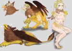  2013 avian blonde_hair blue_eyes breasts claws female feral grey_background gryphon hair human human_to_feral mammal navel nipples nude open_mouth sad scared short_hair simple_background sitting solo tears tomoko_(artist) transformation 