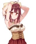 :o alt antenna_hair armpits arms_up atelier_(series) atelier_sophie bare_shoulders blush breasts brown_eyes brown_hair cleavage corset cross-laced_clothes head_scarf highres jewelry looking_at_viewer medium_breasts necklace red_skirt short_hair simple_background skirt solo sophie_neuenmuller underbust upper_body white_background 