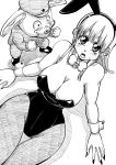  1boy 1girl absurdres animal_ears blush breasts bulma bunny_ears bunnysuit curvy dragon_ball fake_animal_ears happy hat large_breasts leotard long_hair looking_at_viewer monochrome nijikuji oolong pig simple_background sitting smile solo sweat white_background 