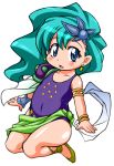  armlet blue_eyes bracelet cape child commentary_request earrings final_fantasy final_fantasy_iv green_hair green_sarong hair_ornament jewelry leotard long_hair nakagami_takashi purple_leotard rydia sarong single_pauldron sitting solo wavy_hair white_cape 