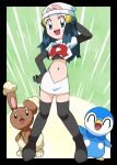  blue_eyes blue_hair buneary elbow_gloves hainchu hikari_(pokemon) navel nintendo piplup pokemon team_rocket team_rocket_(cosplay) 