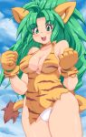  :d alternate_breast_size animal_ears animal_print bare_shoulders big_hair blue_sky blush breasts cat_ears cat_tail cham_cham choker cleavage clenched_hands cloud collarbone covered_navel cowboy_shot day gloves green_eyes green_hair halterneck hands_up highleg highleg_panties kihaiu large_breasts long_hair no_bra open_mouth orange_choker orange_gloves outdoors panties samurai_spirits sky smile solo tail teeth thighs tiger_print tongue underwear white_panties 