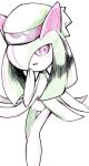  1girl beanie blush female gen_3_pokemon green_hair hair_over_one_eye hand_up hat kirlia minashirazu no_humans open_mouth poke_ball_theme pokemon pokemon_(creature) red_eyes simple_background smile solo standing white_background 